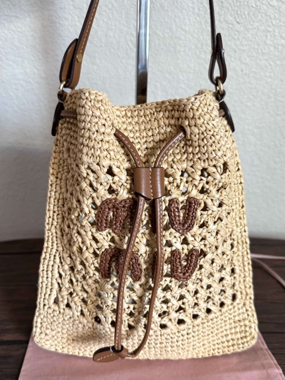 MIU MIU Woven Raffia Drawstring Mini Shoulder Bag